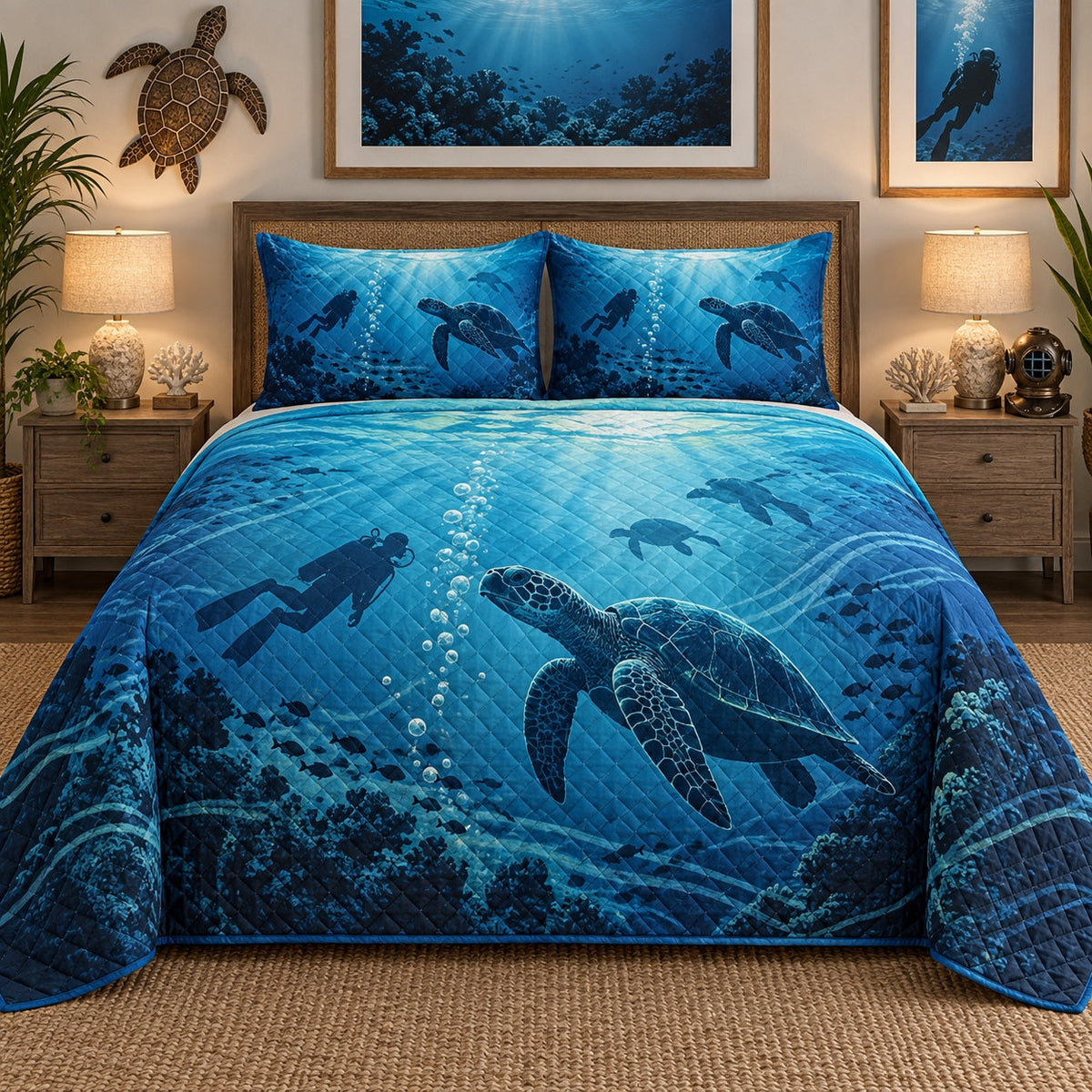 Sea Turtle Passage Scuba Diving Quilt Set, front scuba diving bedroom view