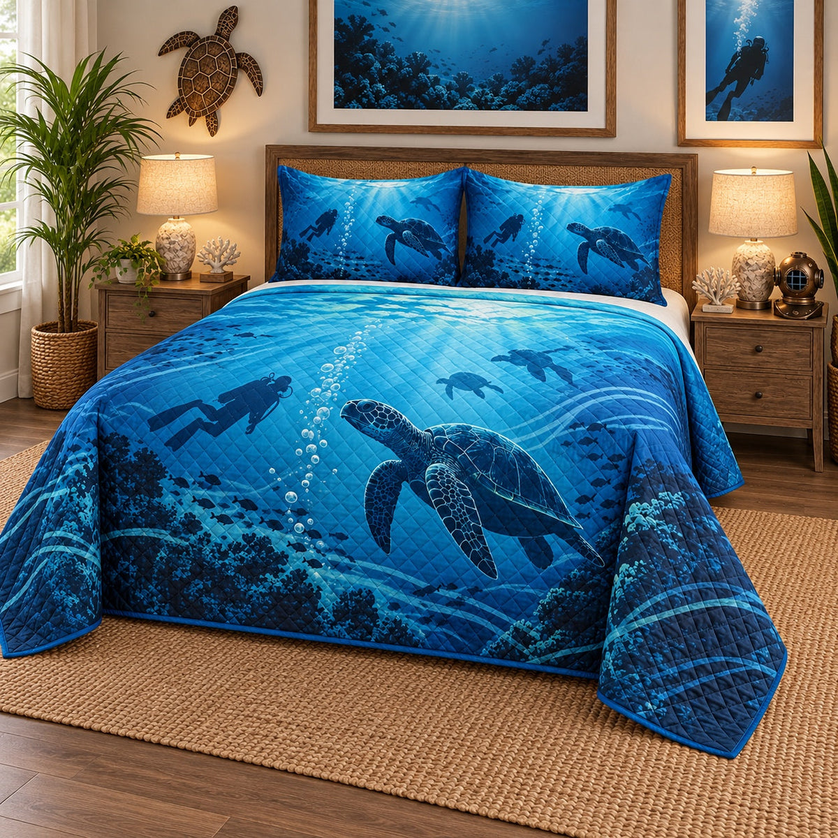Sea Turtle Passage Scuba Diving Quilt Set, angled scuba diving bedroom view
