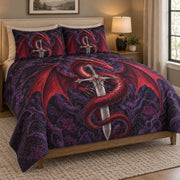 Red Dragon Sword Fantasy Quilt Set: angled bedroom view showing the quilt artwork and coordinating shams