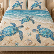 Close view of the Sea Turtle Beach Coastal quilt artwork and two matching shams