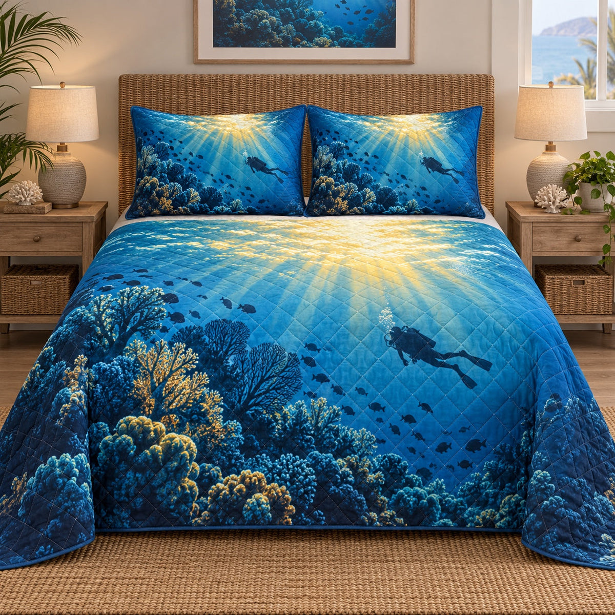 Sunlit Reef Scuba Diving Quilt Set, front scuba diving bedroom view
