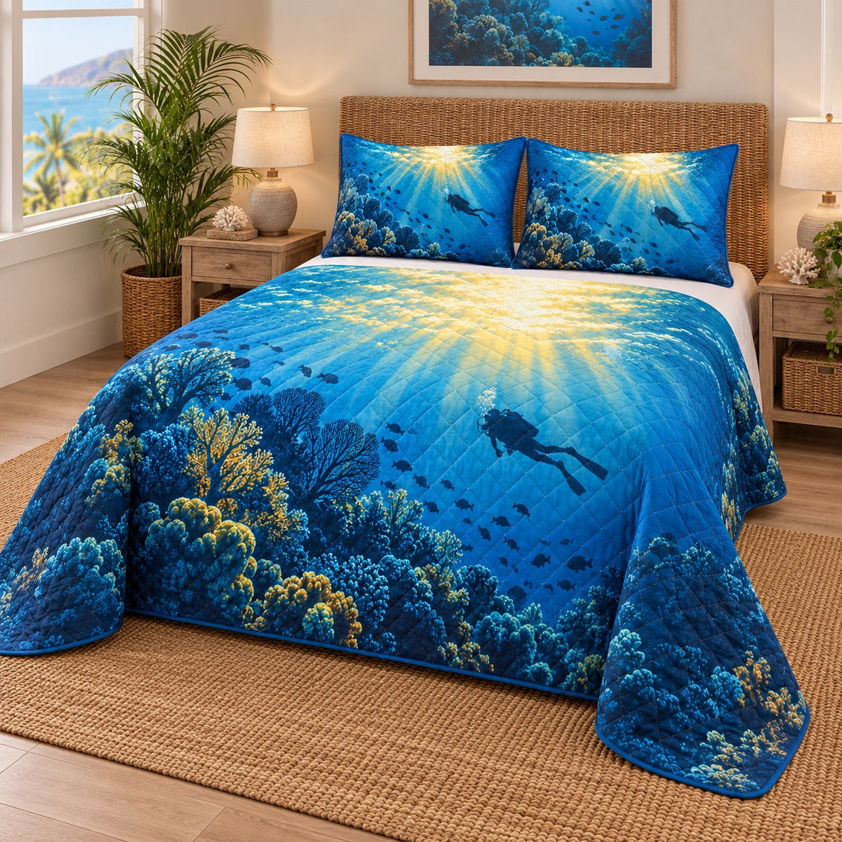 Sunlit Reef Scuba Diving Quilt Set, angled scuba diving bedroom view