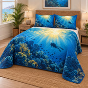Sunlit Reef Scuba Diving Quilt Set, angled scuba diving bedroom view