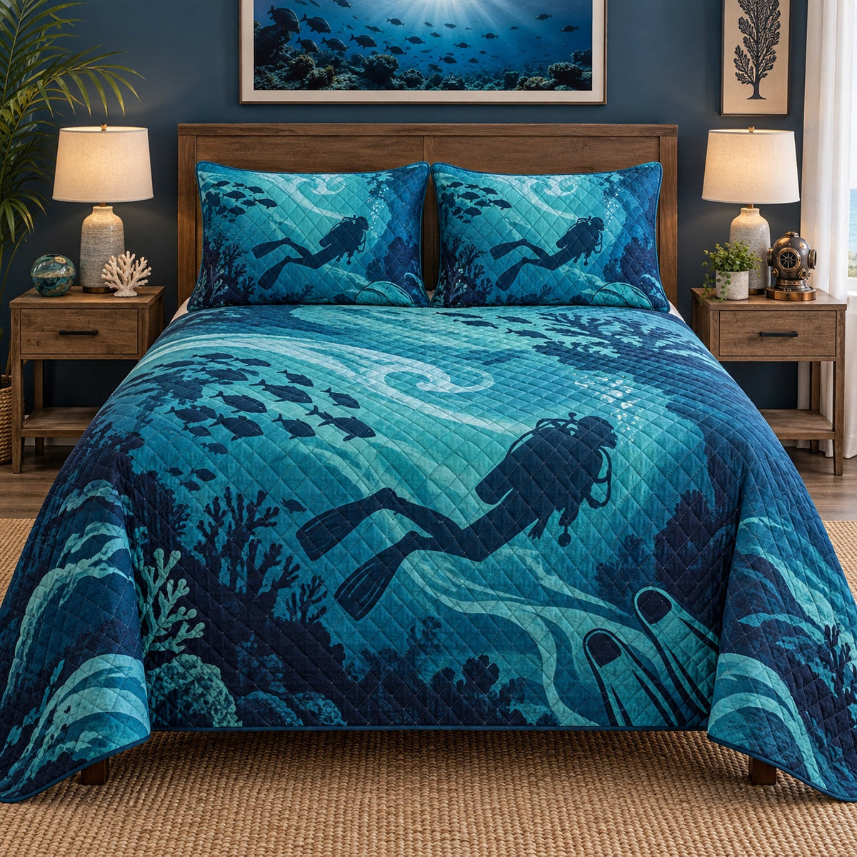 Deep Current Scuba Diving Quilt Set, front scuba diving bedroom view