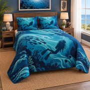 Deep Current Scuba Diving Quilt Set, angled scuba diving bedroom view