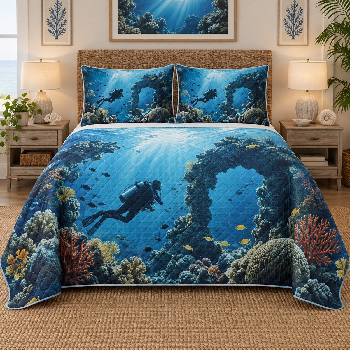 Reef Explorer Scuba Diving Quilt Set, front scuba diving bedroom view