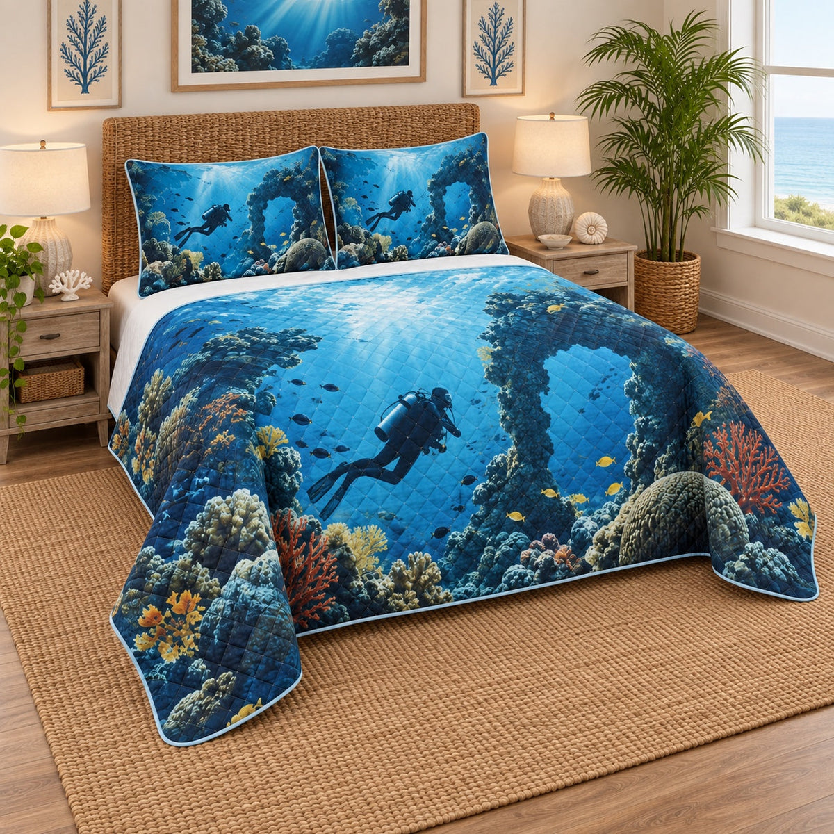 Reef Explorer Scuba Diving Quilt Set, angled scuba diving bedroom view