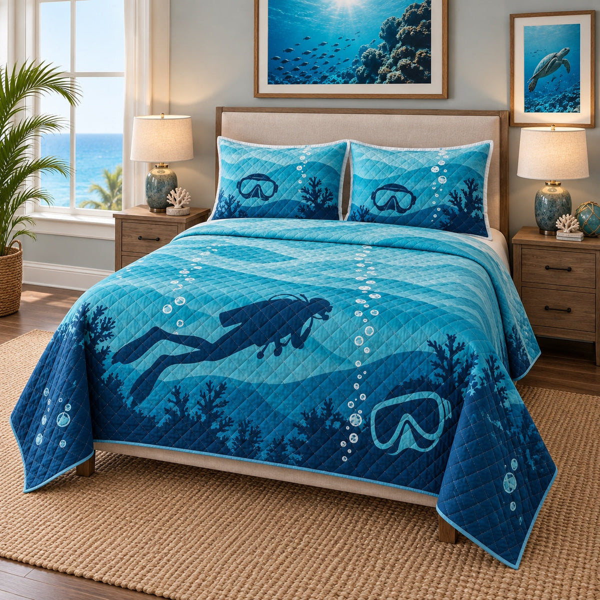 Ocean Bubbles Scuba Diving Quilt Set, angled scuba diving bedroom view