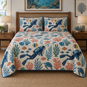 Undersea Folk Scuba Diving Quilt Set, front scuba diving bedroom view