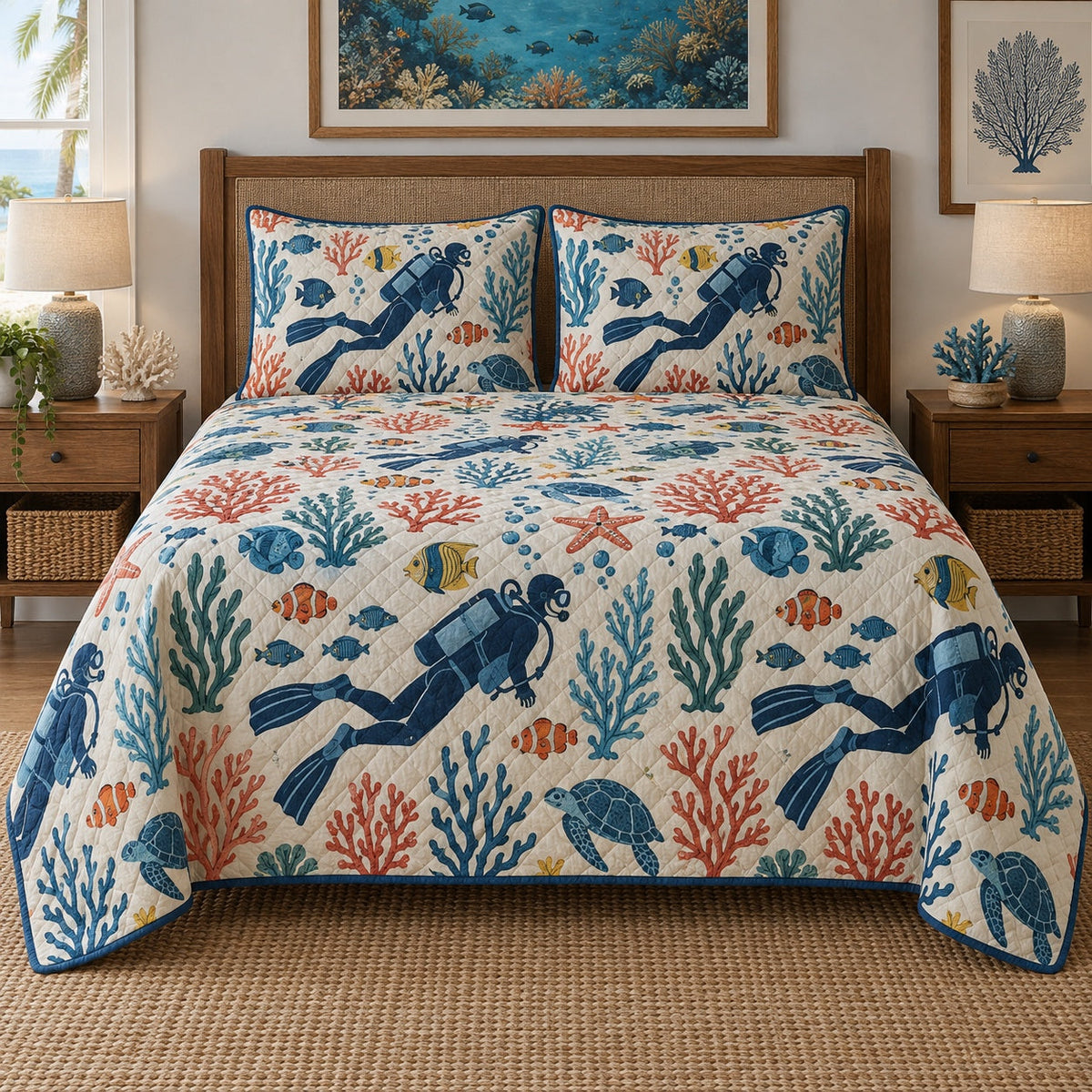 Undersea Folk Scuba Diving Quilt Set, front scuba diving bedroom view