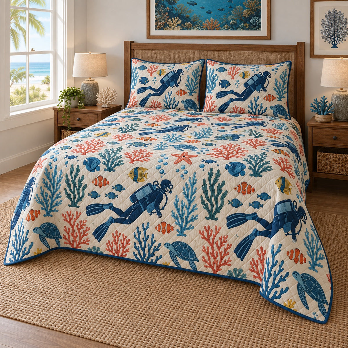 Undersea Folk Scuba Diving Quilt Set, angled scuba diving bedroom view