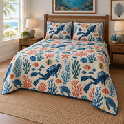 Undersea Folk Scuba Diving Quilt Set, angled scuba diving bedroom view