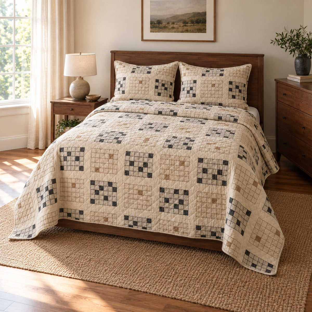 Sunday Squares Crossword Puzzles Quilt Set, angled crossword puzzles bedroom view