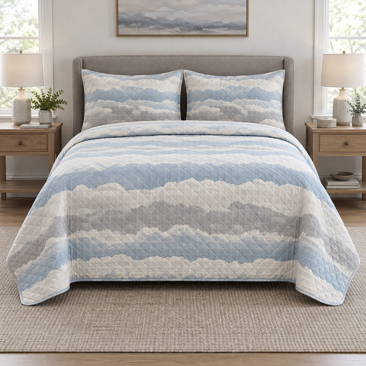 Cloud Layer Pilot Quilt Set, front airline pilot bedroom view
