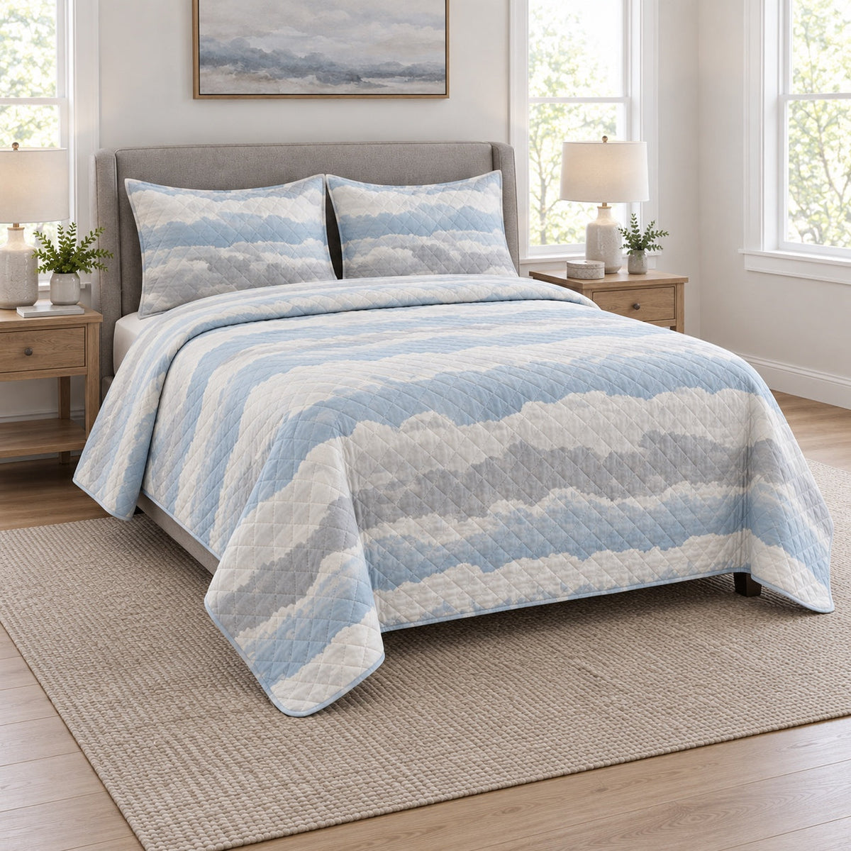 Cloud Layer Pilot Quilt Set, angled airline pilot bedroom view