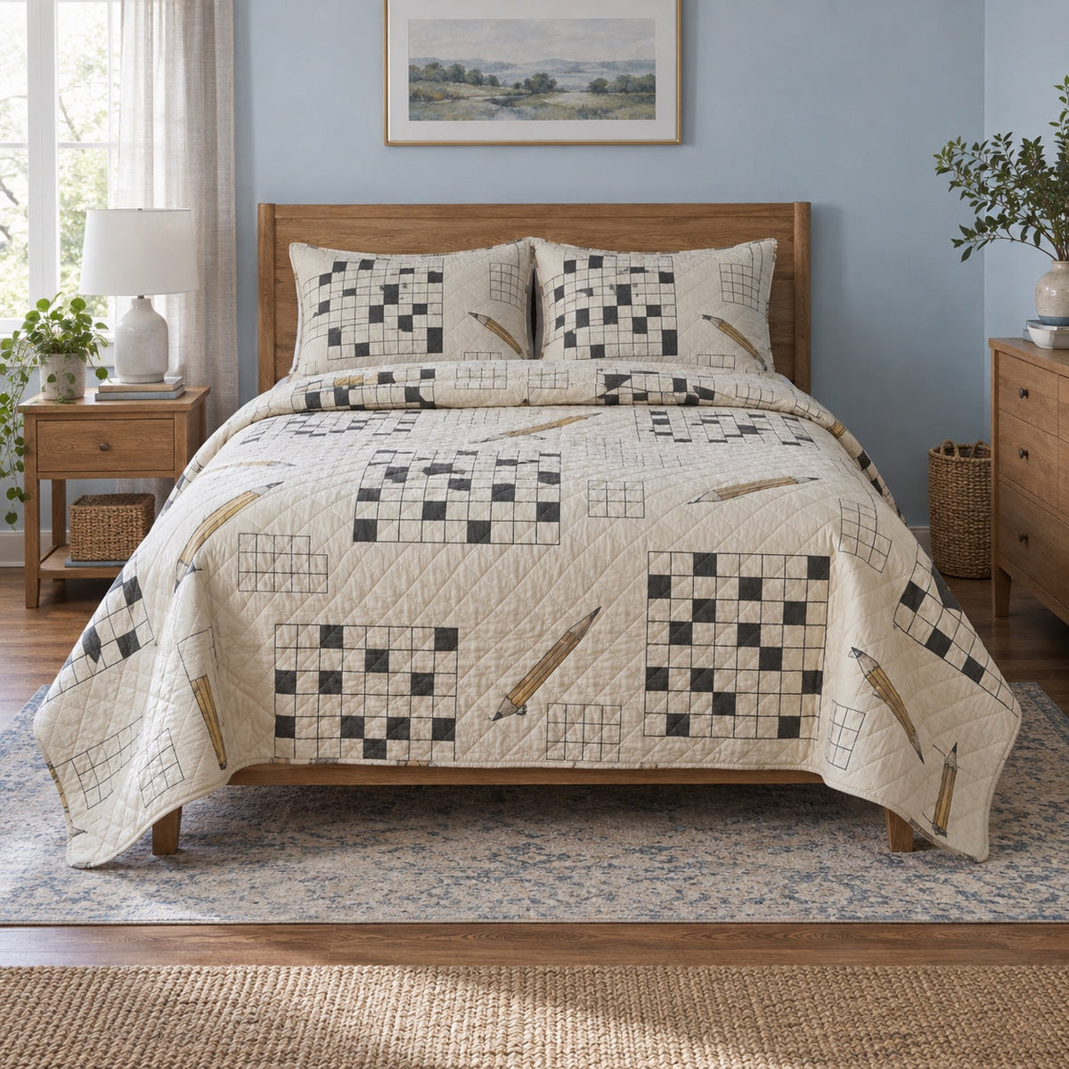 Pencil Margin Crossword Puzzles Quilt Set, front crossword puzzles bedroom view