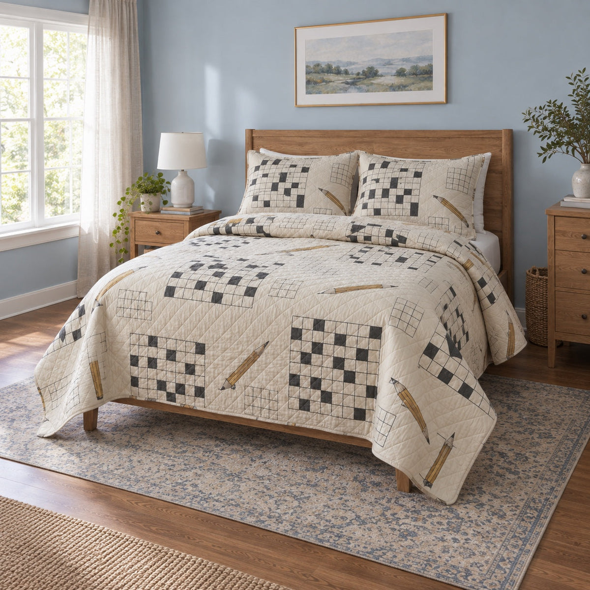 Pencil Margin Crossword Puzzles Quilt Set, angled crossword puzzles bedroom view