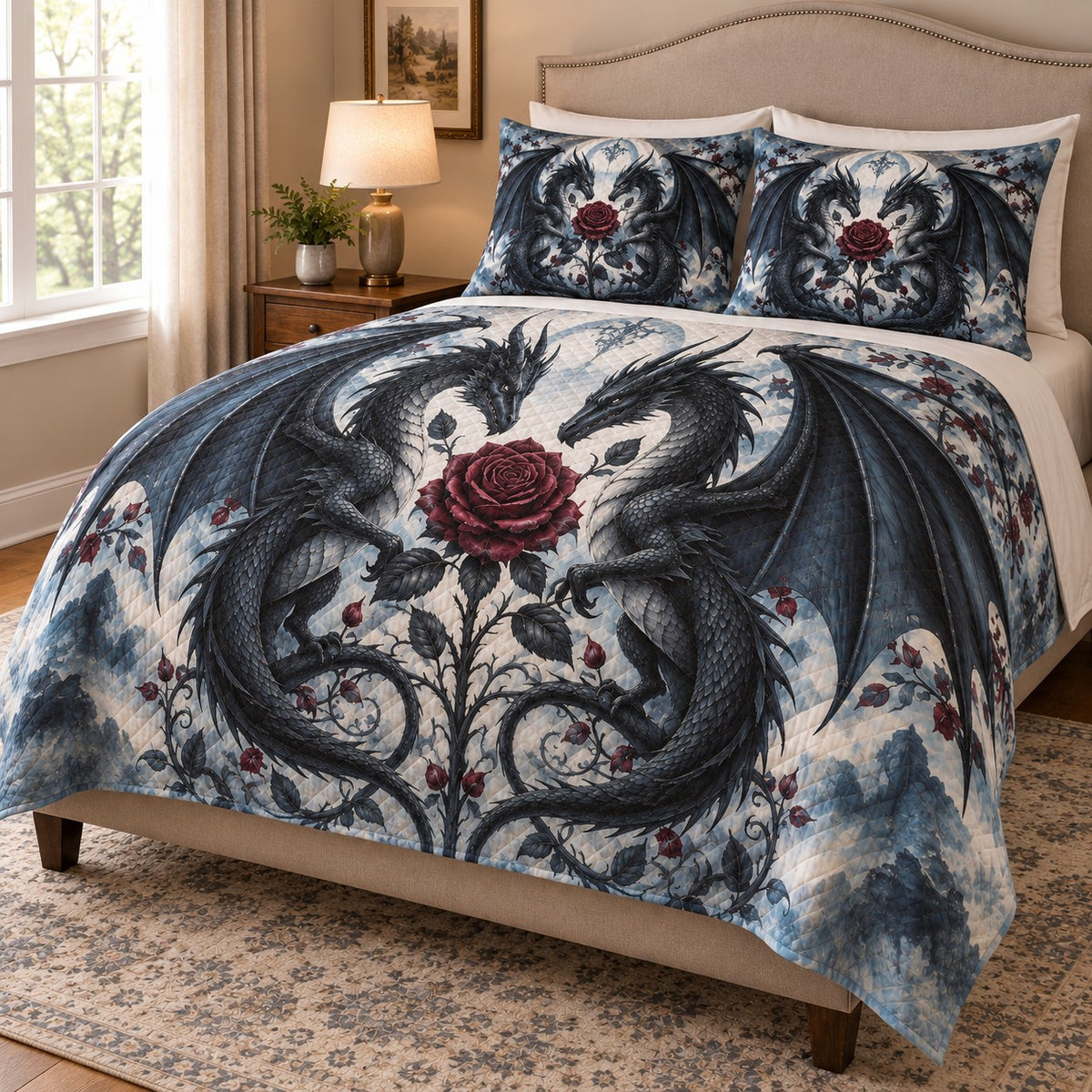 Gothic Twin Dragon Rose Quilt Set: angled bedroom view showing the quilt artwork and coordinating shams