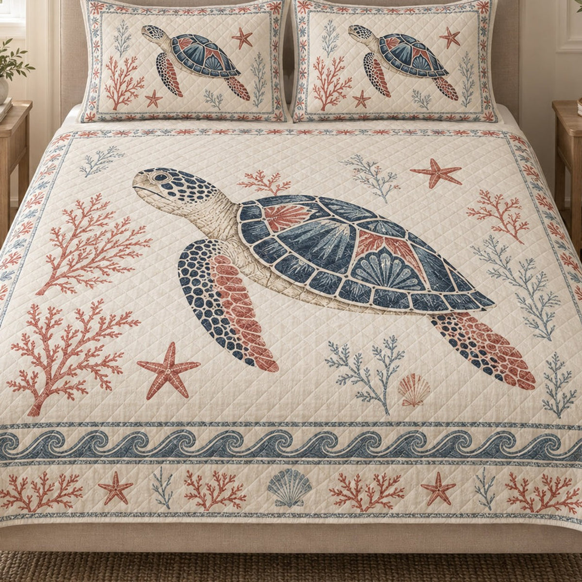 Close view of the Sea Turtle Coral Coastal quilt artwork and two matching shams