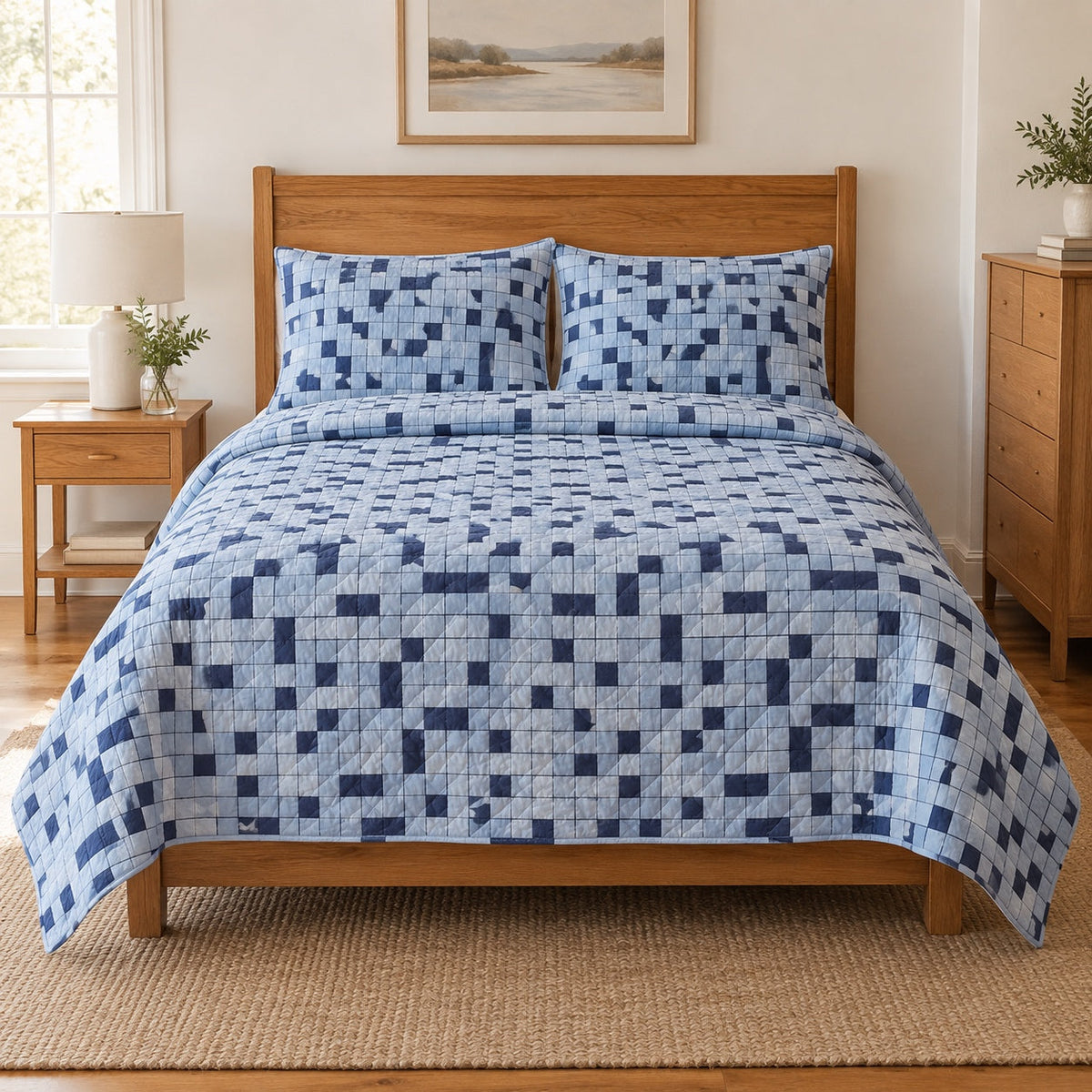 Blue Grid Study Crossword Puzzles Quilt Set, front crossword puzzles bedroom view