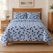 Blue Grid Study Crossword Puzzles Quilt Set, front crossword puzzles bedroom view