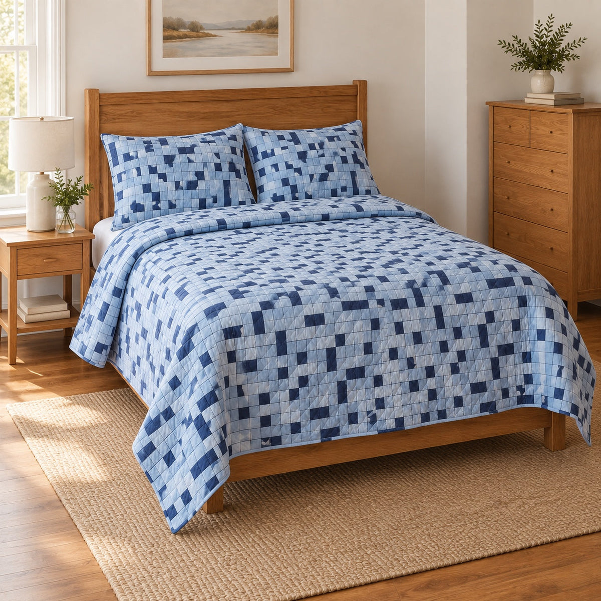 Blue Grid Study Crossword Puzzles Quilt Set, angled crossword puzzles bedroom view