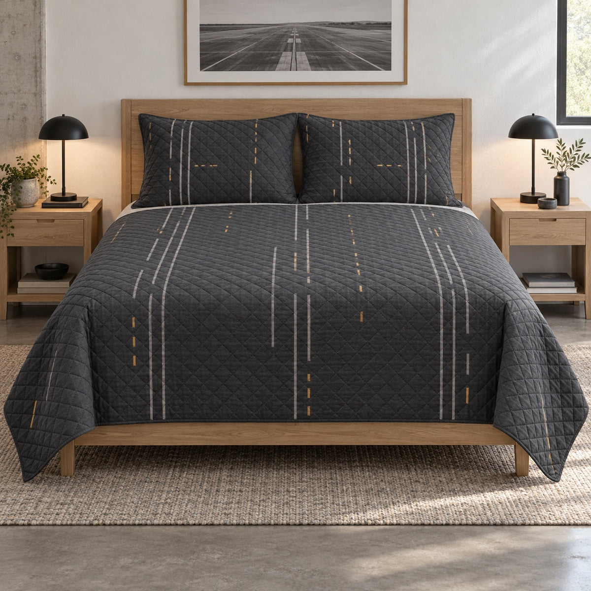 Runway Geometry Pilot Quilt Set, front airline pilot bedroom view