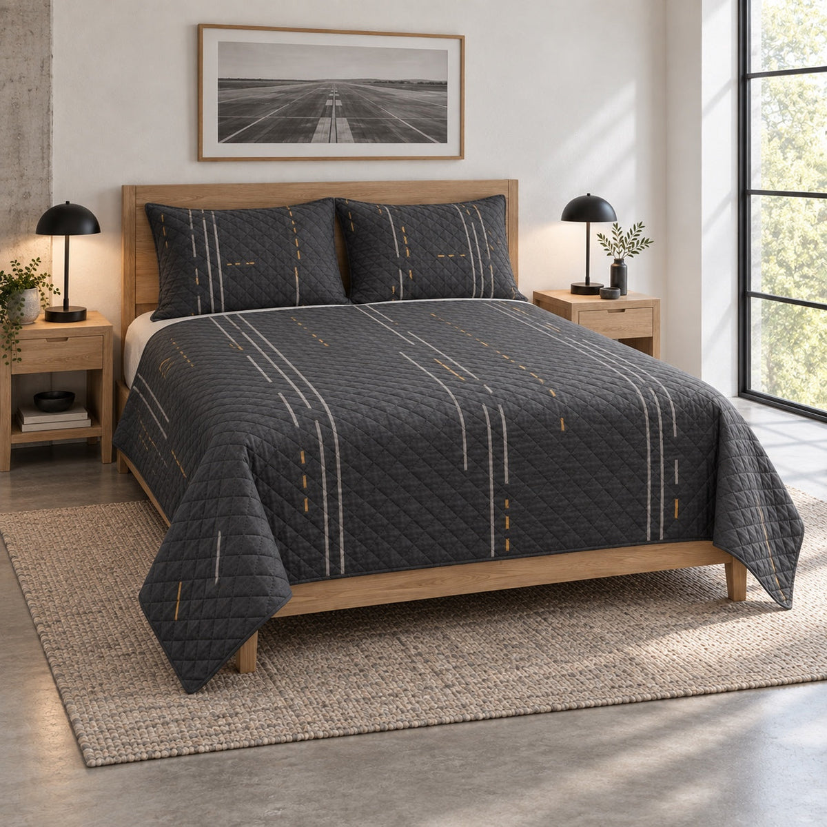 Runway Geometry Pilot Quilt Set, angled airline pilot bedroom view