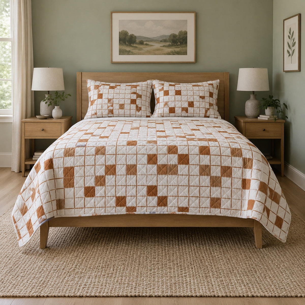 Copper Clues Crossword Puzzles Quilt Set, front crossword puzzles bedroom view