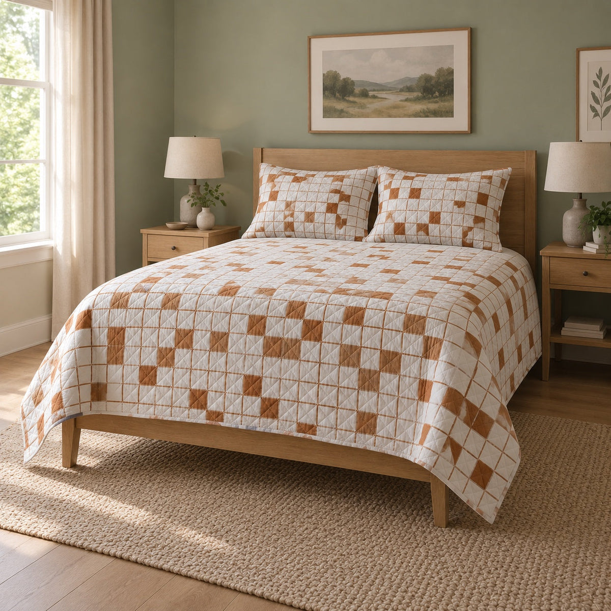 Copper Clues Crossword Puzzles Quilt Set, angled crossword puzzles bedroom view