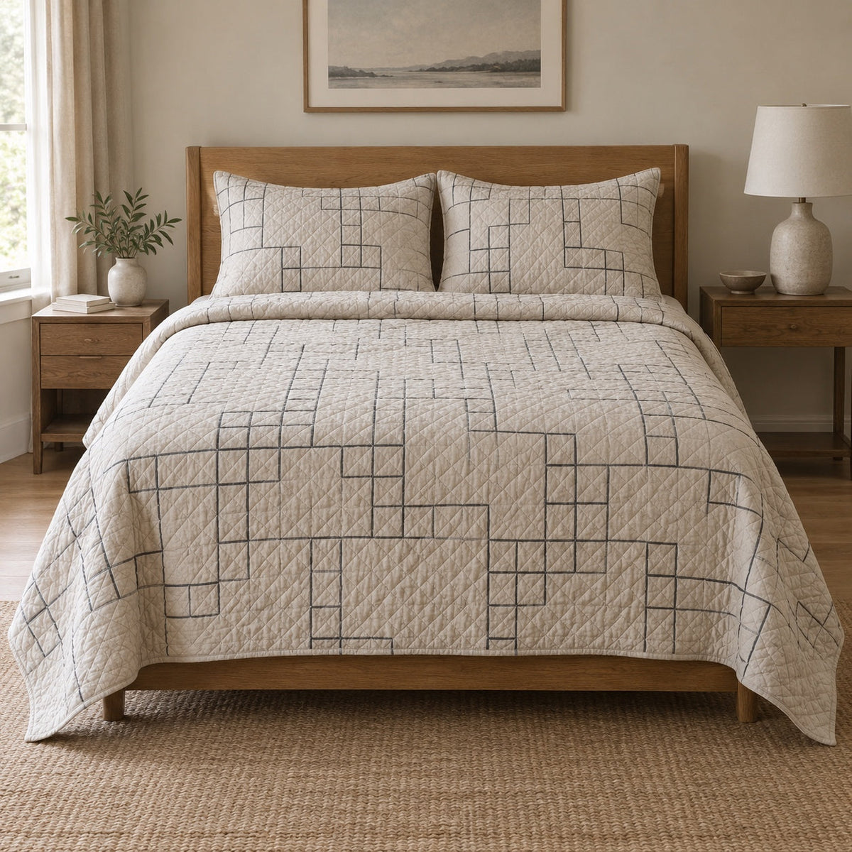 Graphite Lines Crossword Puzzles Quilt Set, front crossword puzzles bedroom view