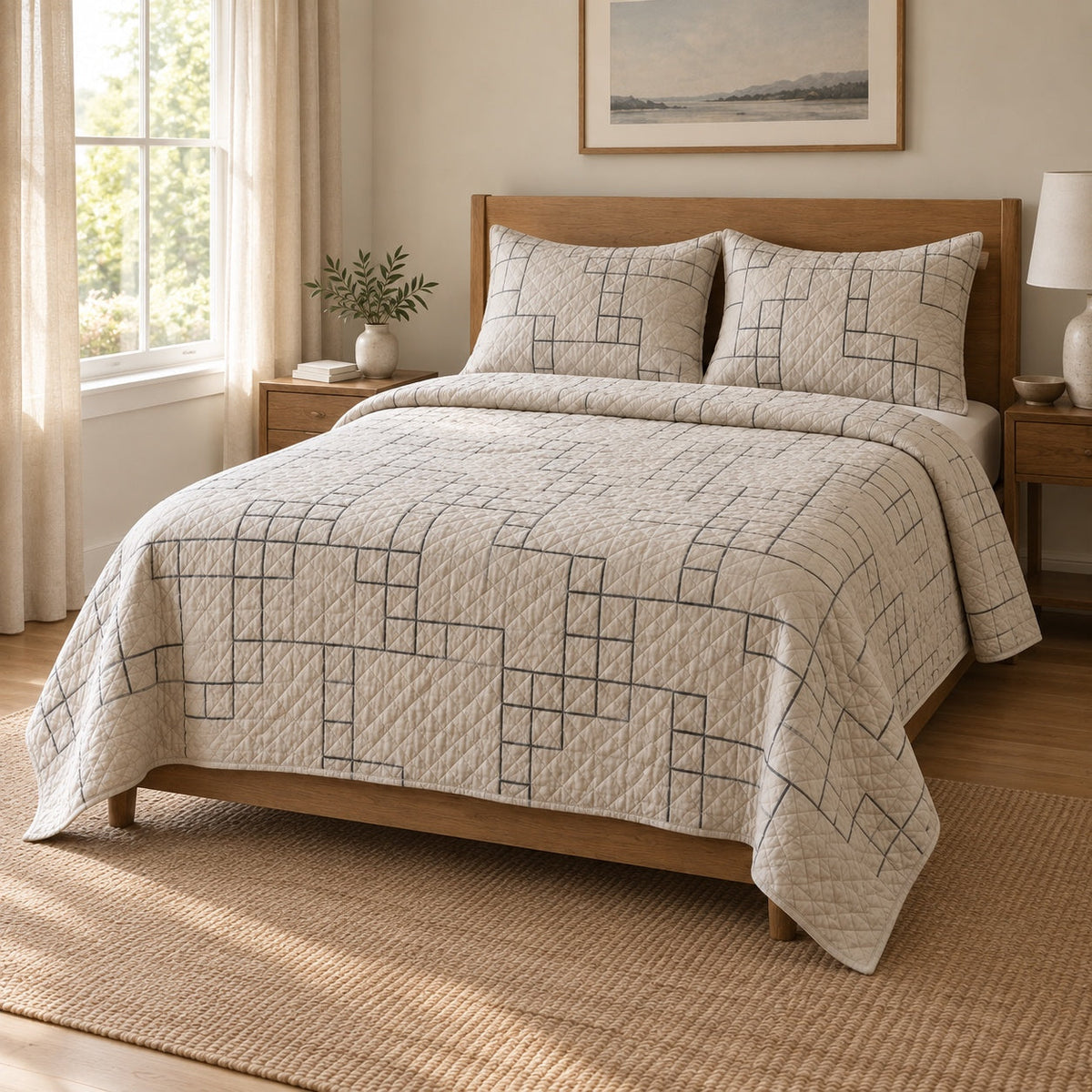Graphite Lines Crossword Puzzles Quilt Set, angled crossword puzzles bedroom view