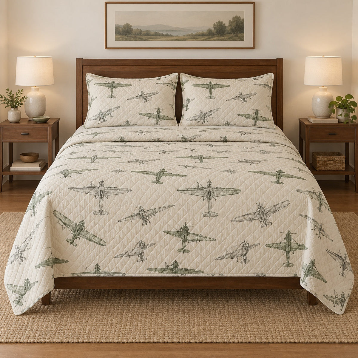 Wing Sketch Pilot Quilt Set, front airline pilot bedroom view