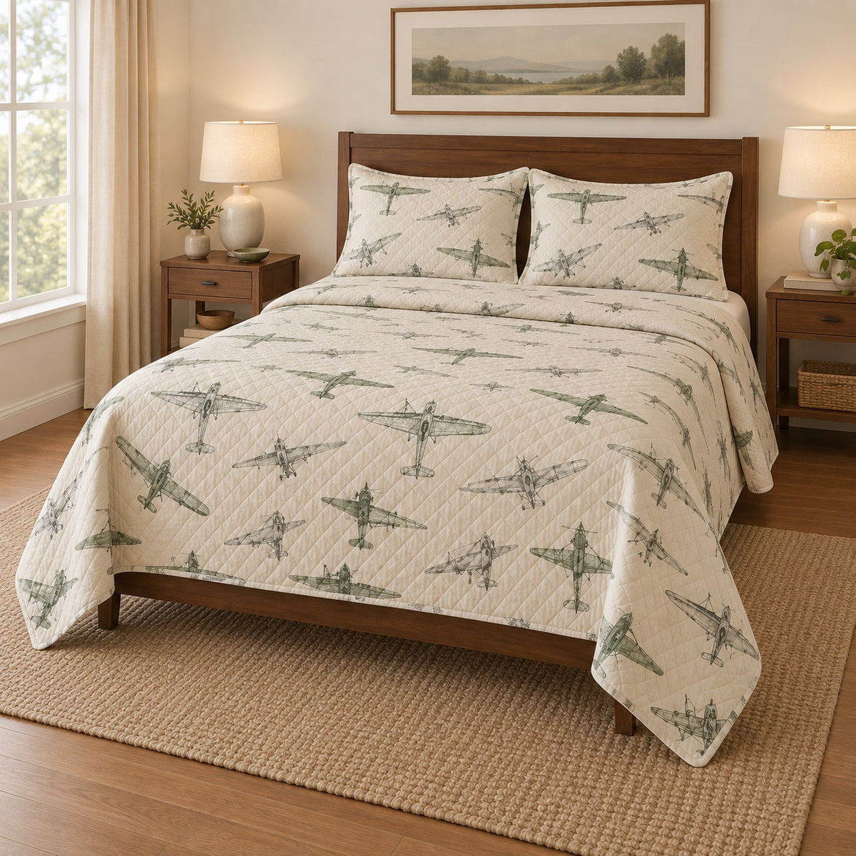 Wing Sketch Pilot Quilt Set, angled airline pilot bedroom view