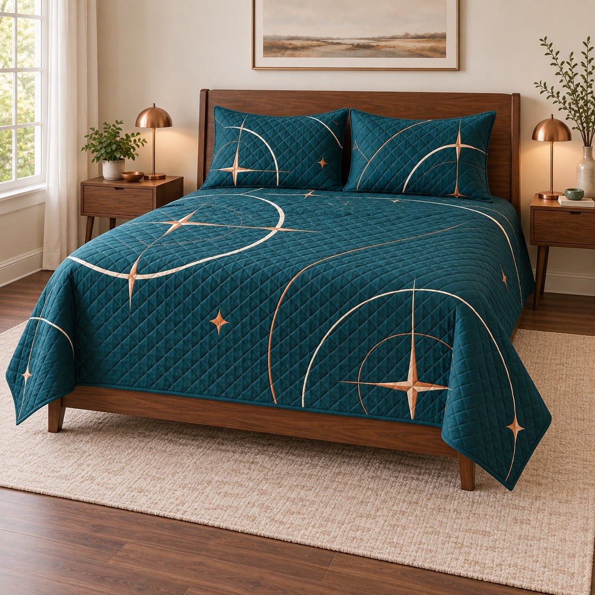 Compass Arc Pilot Quilt Set, angled airline pilot bedroom view