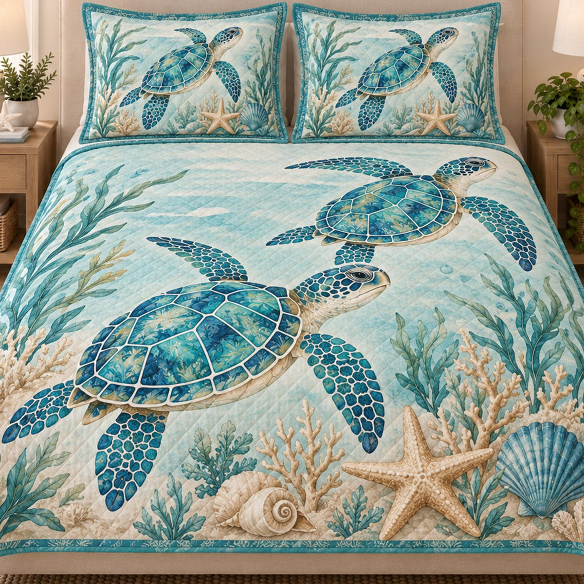 Close view of the Sea Turtle Coral Reef quilt artwork and two matching shams