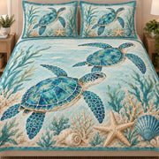 Close view of the Sea Turtle Coral Reef quilt artwork and two matching shams