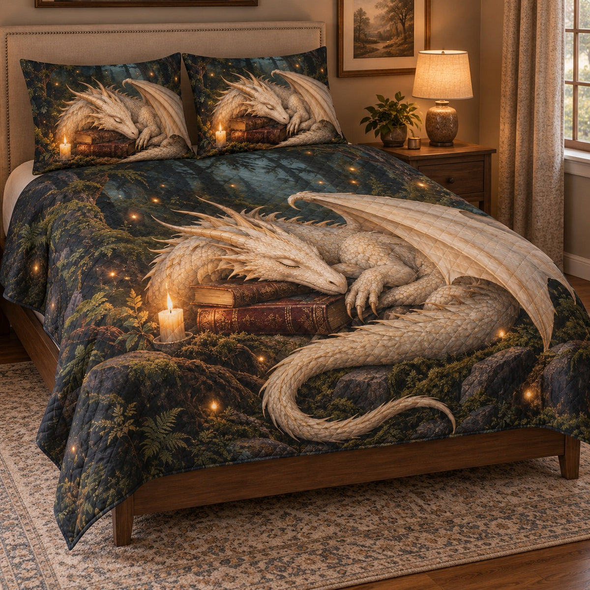 Sleeping White Dragon Book Quilt Set: angled bedroom view showing the quilt artwork and coordinating shams