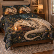 Sleeping White Dragon Book Quilt Set: angled bedroom view showing the quilt artwork and coordinating shams
