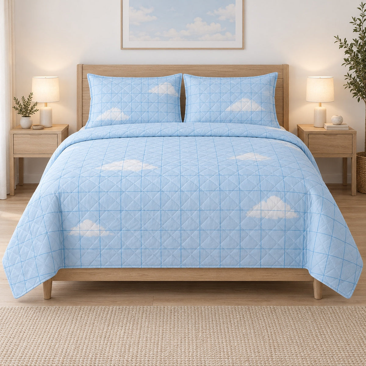Sky Grid Pilot Quilt Set, front airline pilot bedroom view