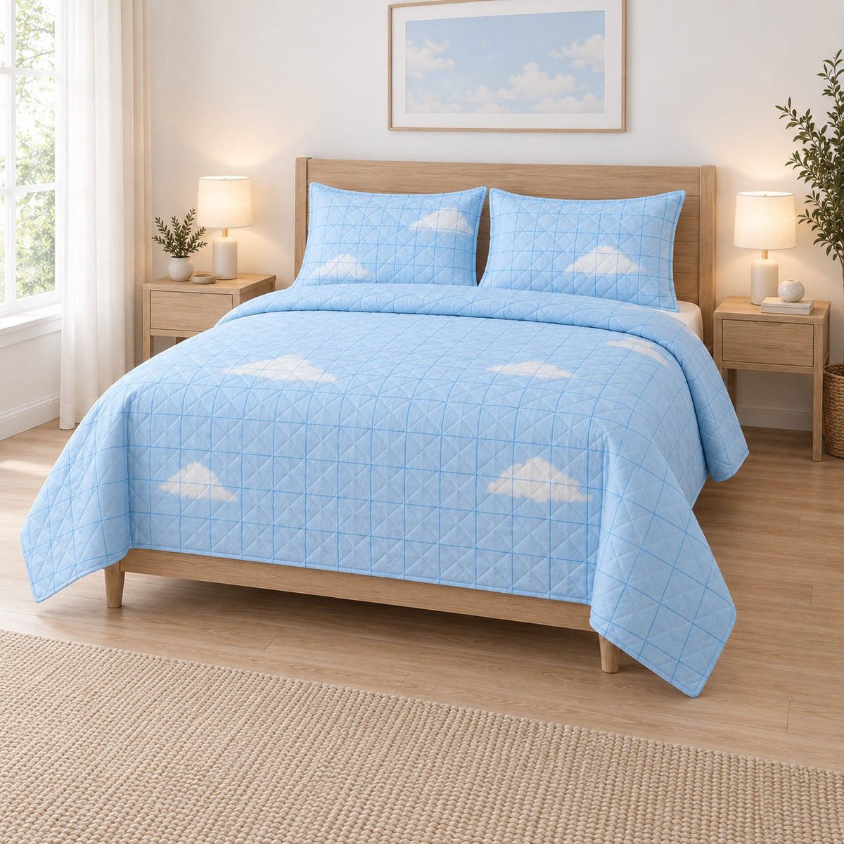 Sky Grid Pilot Quilt Set, angled airline pilot bedroom view