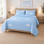 Sky Grid Pilot Quilt Set, angled airline pilot bedroom view