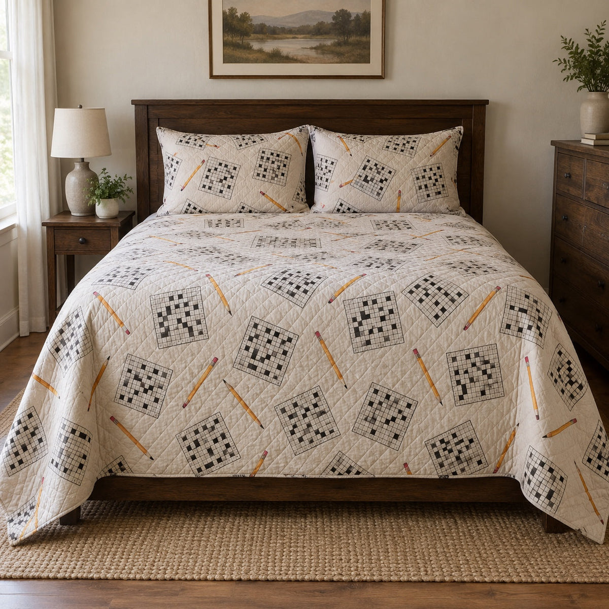 Quiet Crossword Crossword Puzzles Quilt Set, front crossword puzzles bedroom view