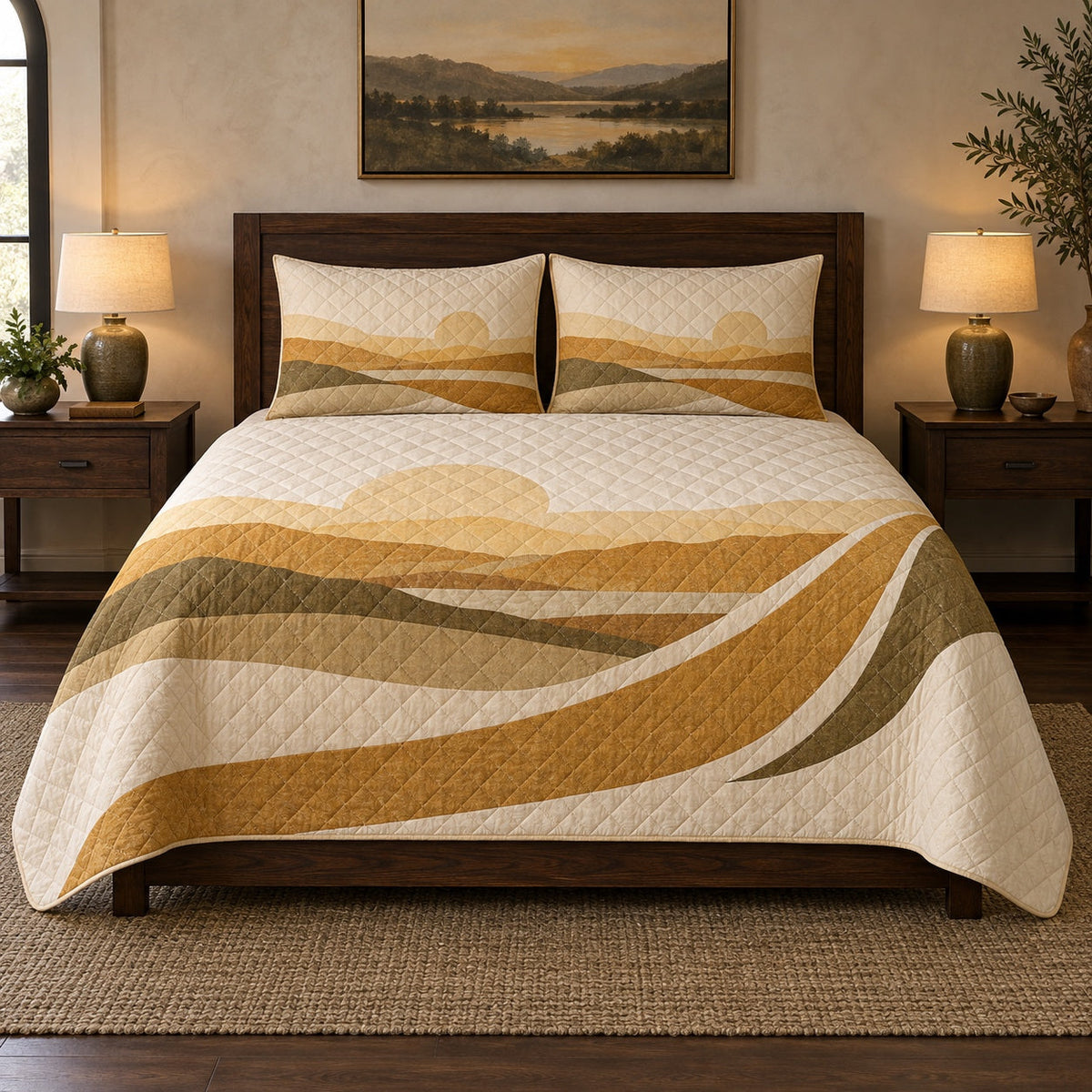 Golden Horizon Pilot Quilt Set, front airline pilot bedroom view