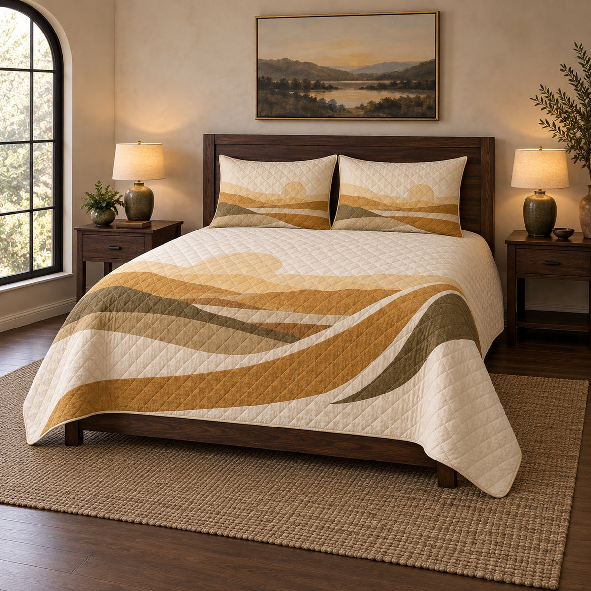Golden Horizon Pilot Quilt Set, angled airline pilot bedroom view