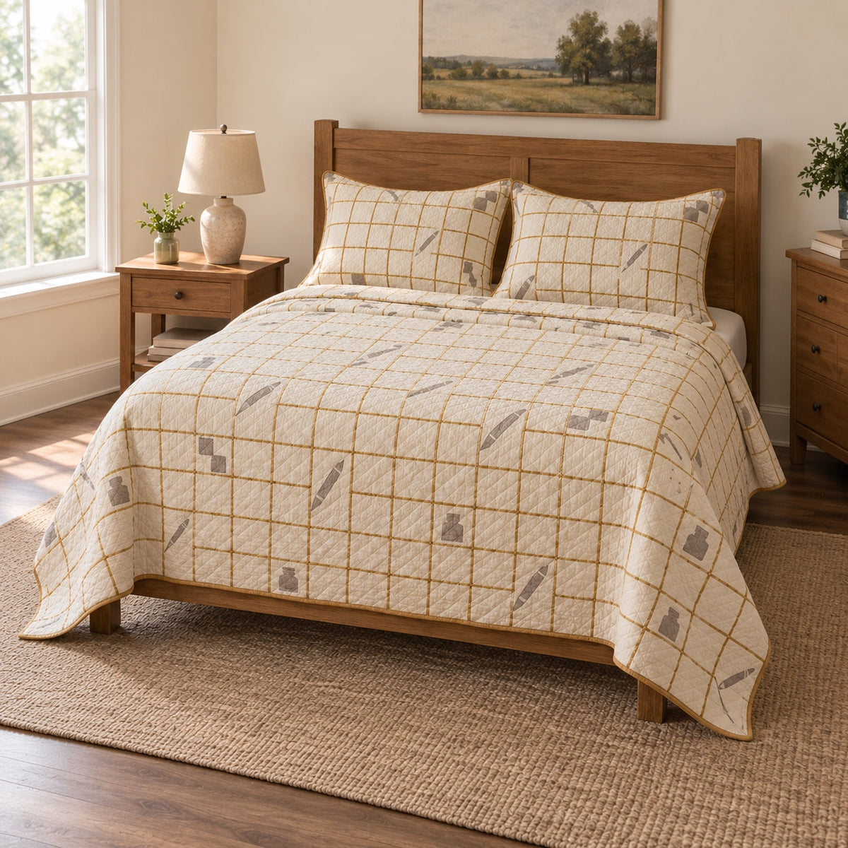 Golden Grid Crossword Puzzles Quilt Set, angled crossword puzzles bedroom view