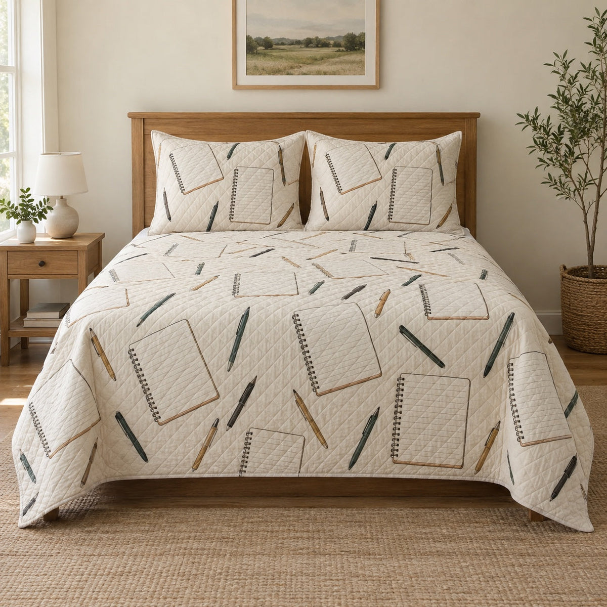 Quiet Pages Journaling Quilt Set, front journaling bedroom view