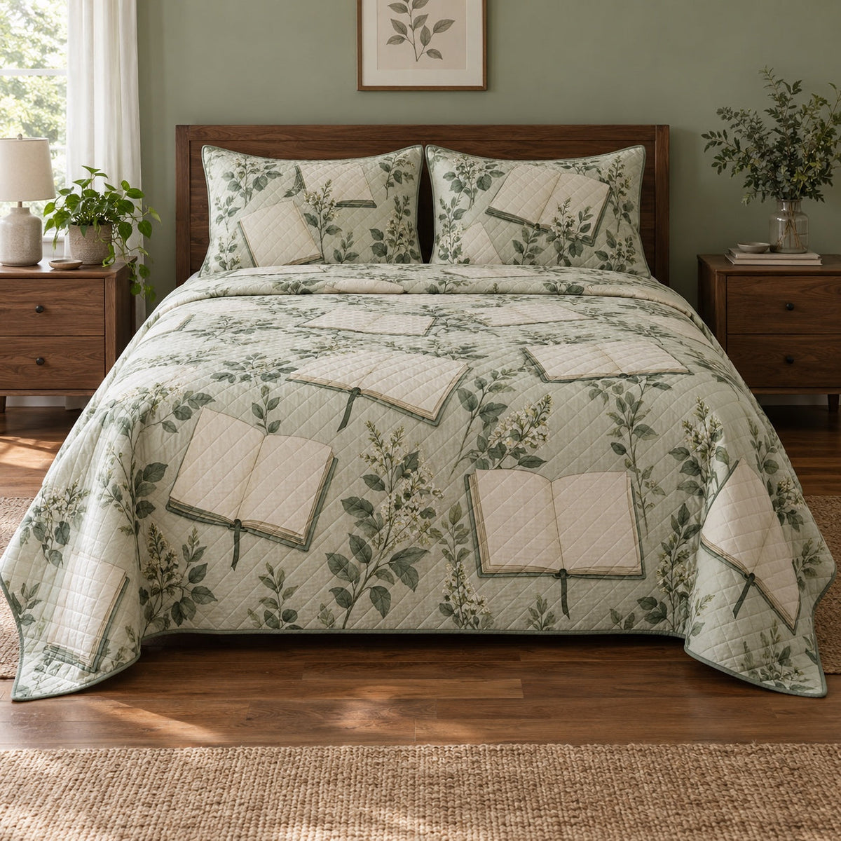 Sage Notebook Journaling Quilt Set, front journaling bedroom view