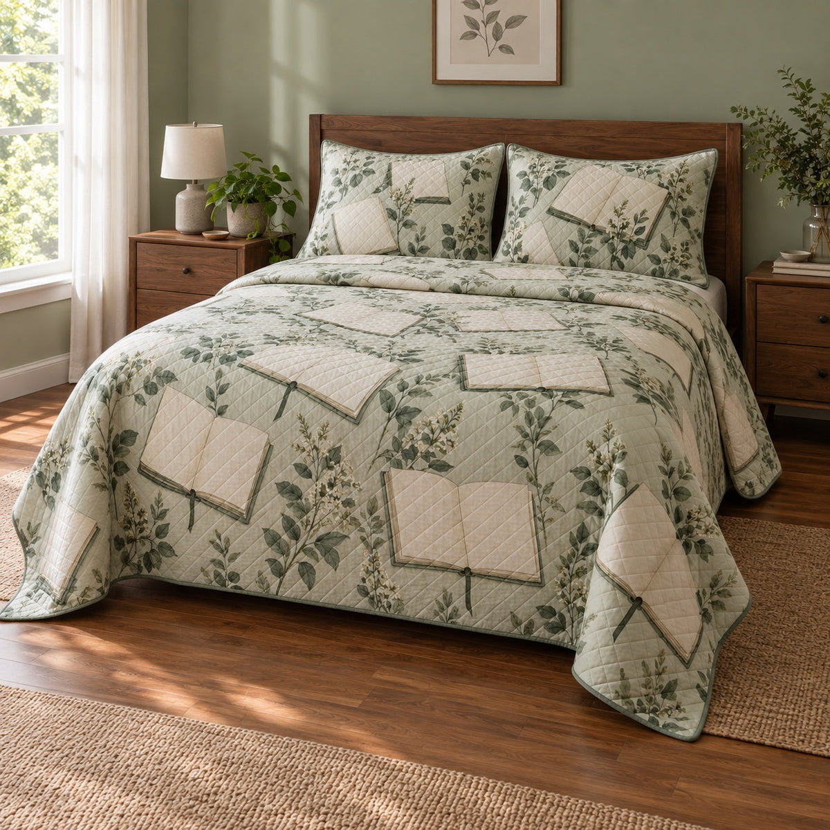 Sage Notebook Journaling Quilt Set, angled journaling bedroom view