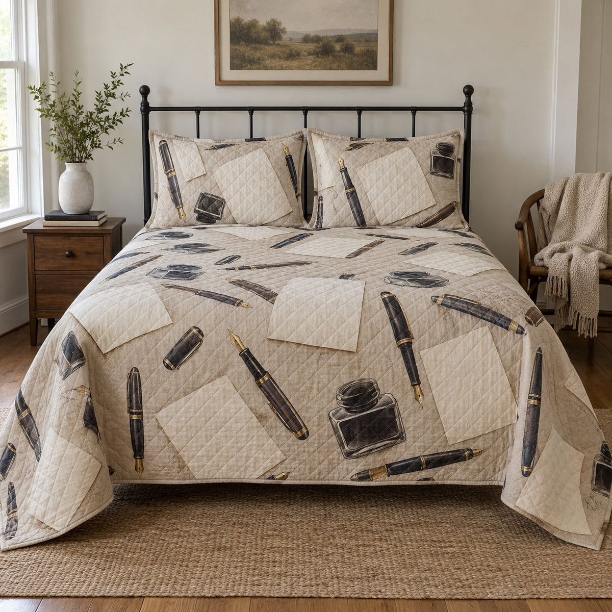 Ink and Linen Journaling Quilt Set, front journaling bedroom view